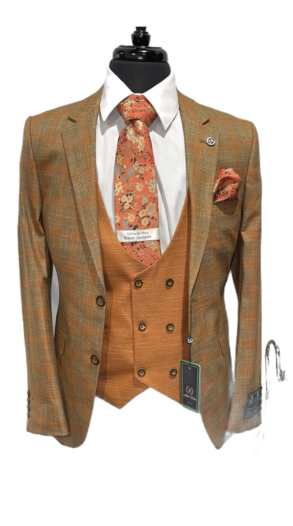 3pc Compose' Slim Fit Suit -Tan/Rust