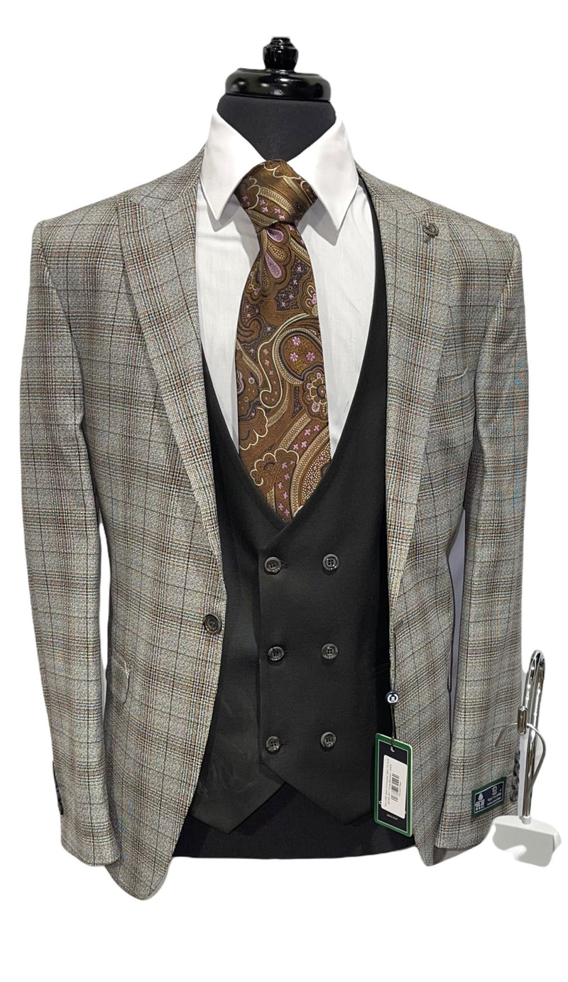 3pc Compose' Slim Fit Suit- Gray/Brown