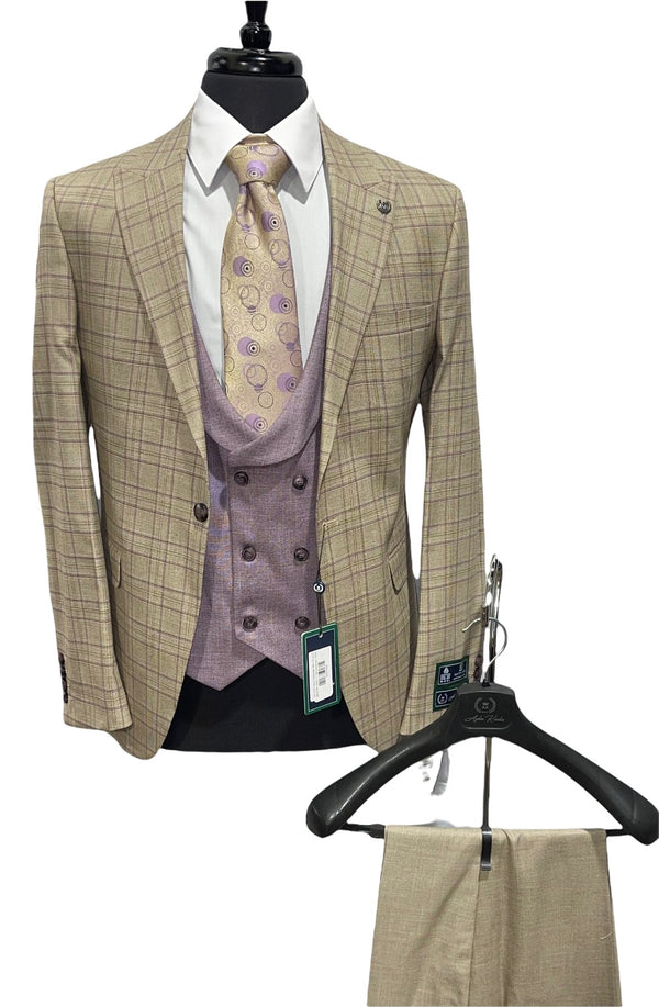 3pc Compose' Slim Fit Suit - Tan/Lavender