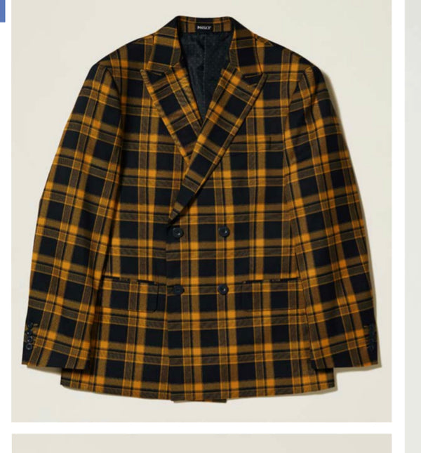 Double Breast Plaid Blazer | Navy/Yellow